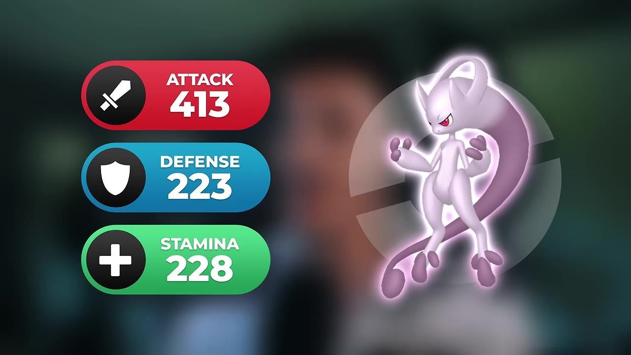 A stats screen showing Mega Mewtwo Y with its attack, defense, and stamina displayed alongside its image.
