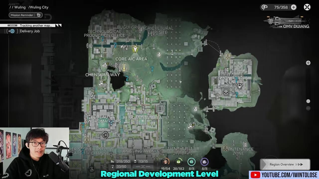 A game map of Wuling City is open with region labels, icons, and a regional development level overlay along the bottom.