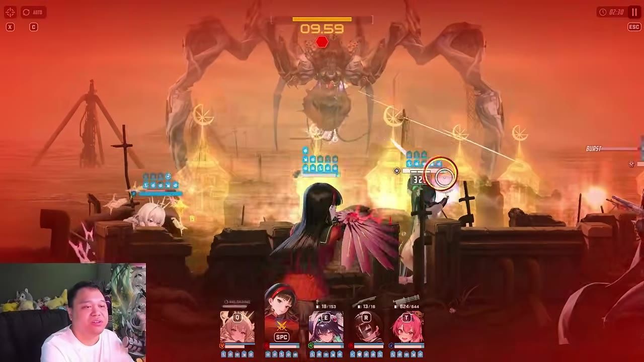 A battle scene shows a large boss looming over the player party, with the cursor and a circular target indicator over an enemy unit.