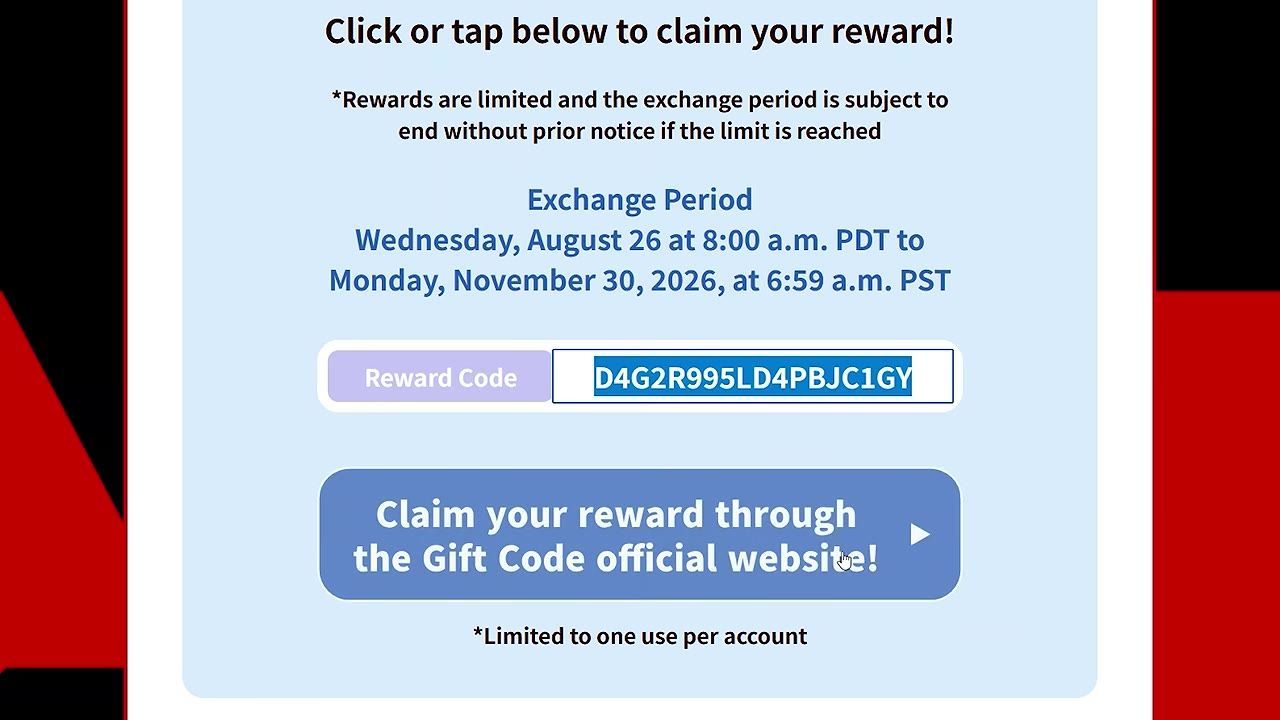 An official reward redemption page shows a reward code field filled in and a large claim button below it.
