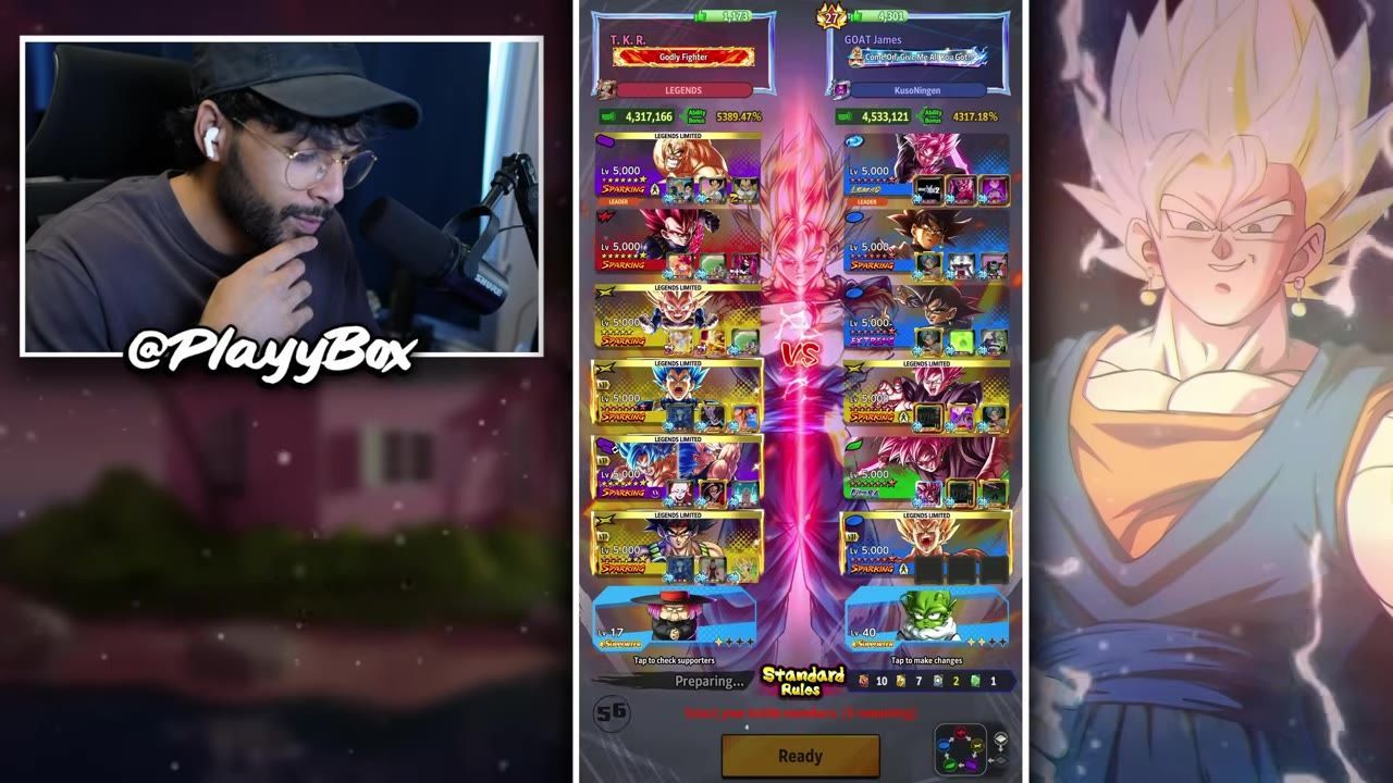 A Dragon Ball Legends team selection screen shows two lineups facing off, with support characters displayed along the bottom.