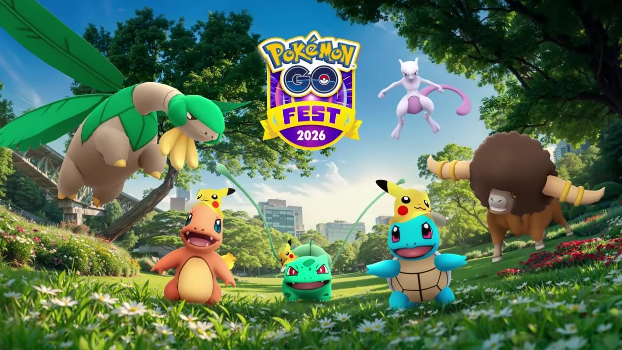 Several Pokémon including Tropius, Pikachu, Bulbasaur, Charmander, Squirtle, and others are gathered in a park with a Pokémon GO Fest 2026 sign.