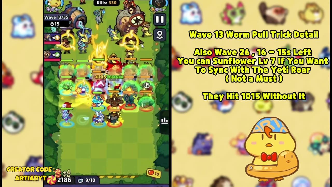 Gameplay screenshot showing characters positioned strategically to defend against wave 13.