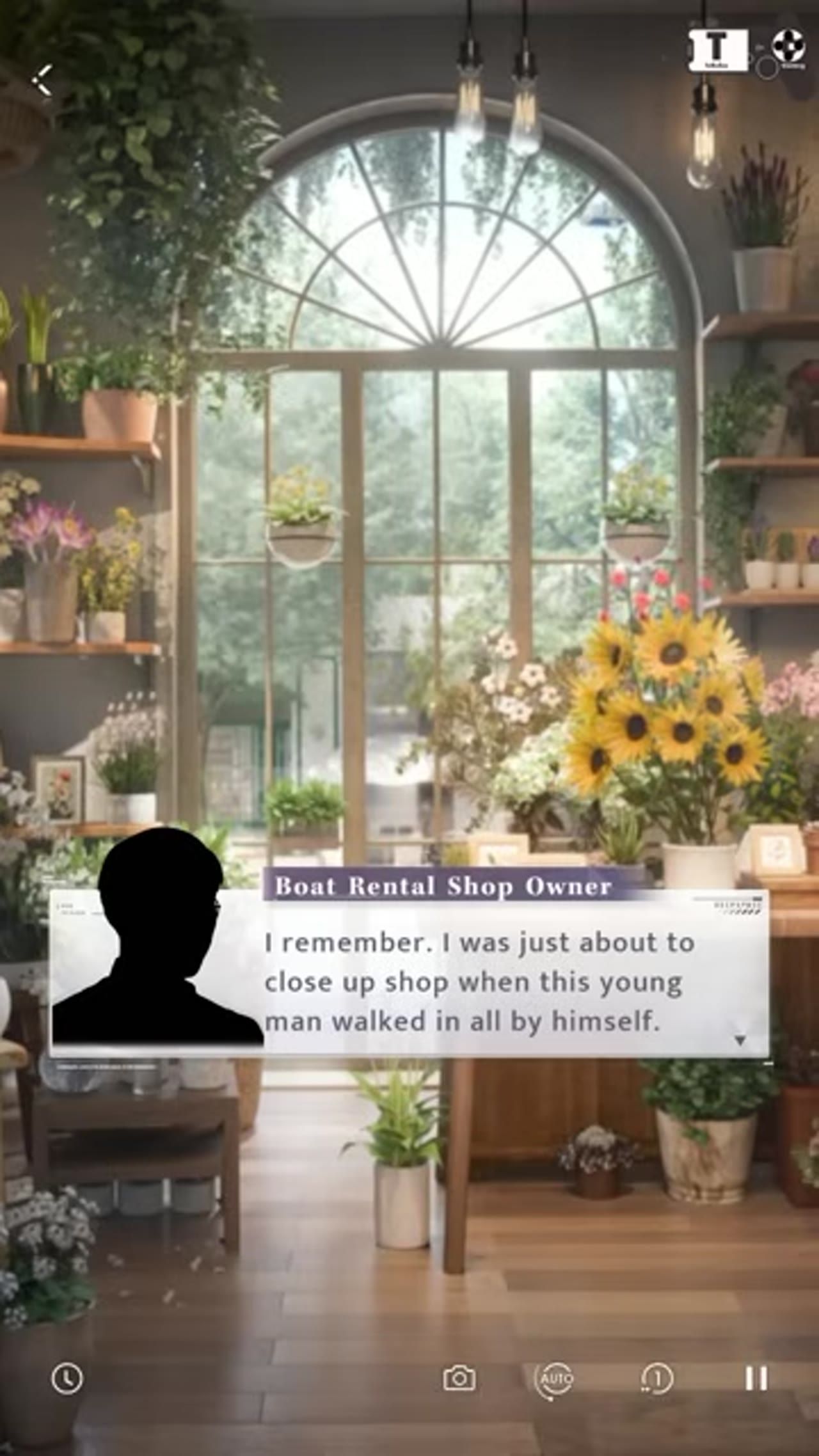 A cozy flower shop interior is shown with a dialogue box overlaid at the bottom and a silhouetted speaker portrait on the left.