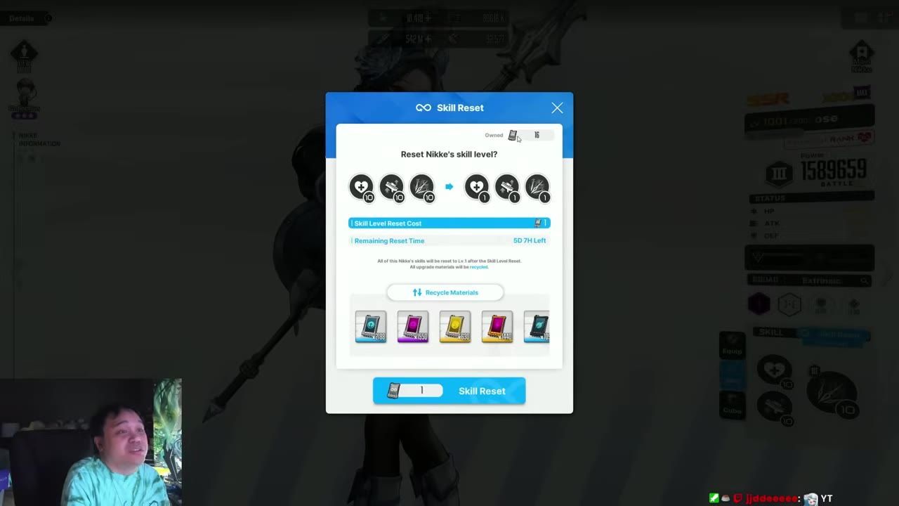 A Skill Reset dialog is open over a character screen, showing skill icons, a reset cost, remaining reset time, recycled materials, and a reset button.