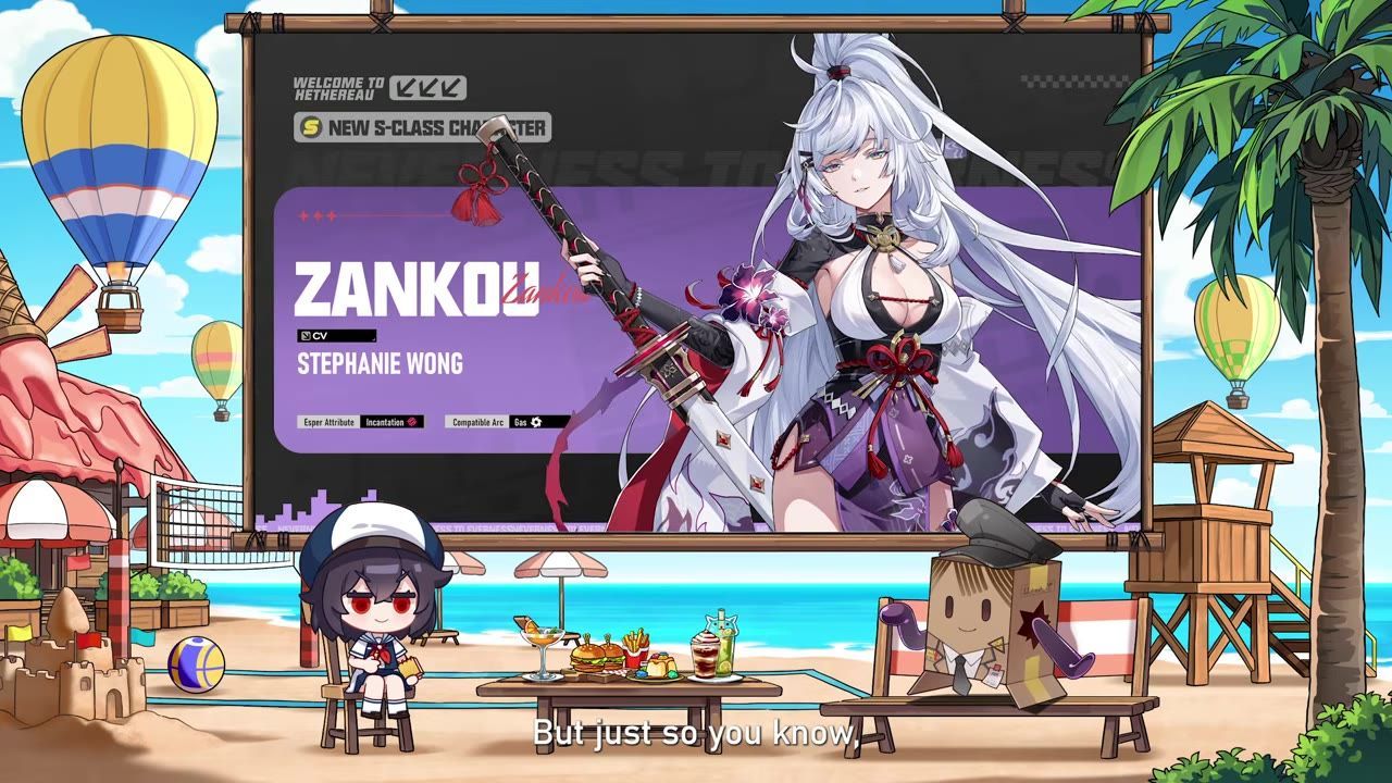 A large billboard displays Zankou character art and her name over a beach scene with chibi characters sitting below.