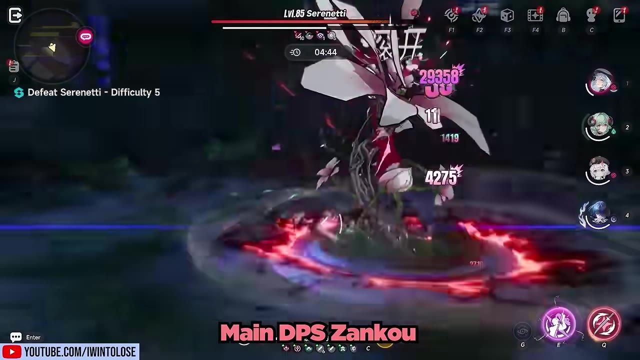 Gameplay screen showing combat with damage numbers and team setup, focusing on main DPS character Zankou.