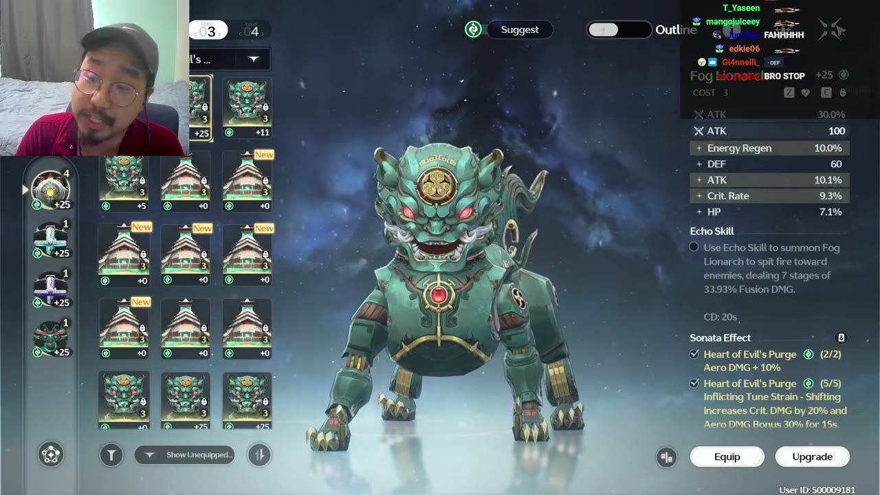 An equipment build screen shows a selected green lion-like character model in the center, gear pieces and filters on the left, and stats with echo skill and sonata effects on the right.