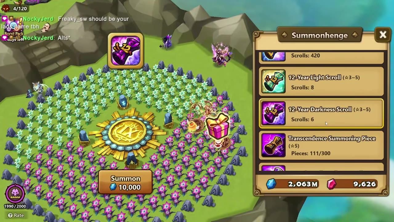 A summon screen shows a list of scrolls on the right, including 12-Year Light Scroll and 12-Year Darkness Scroll, with one item highlighted.