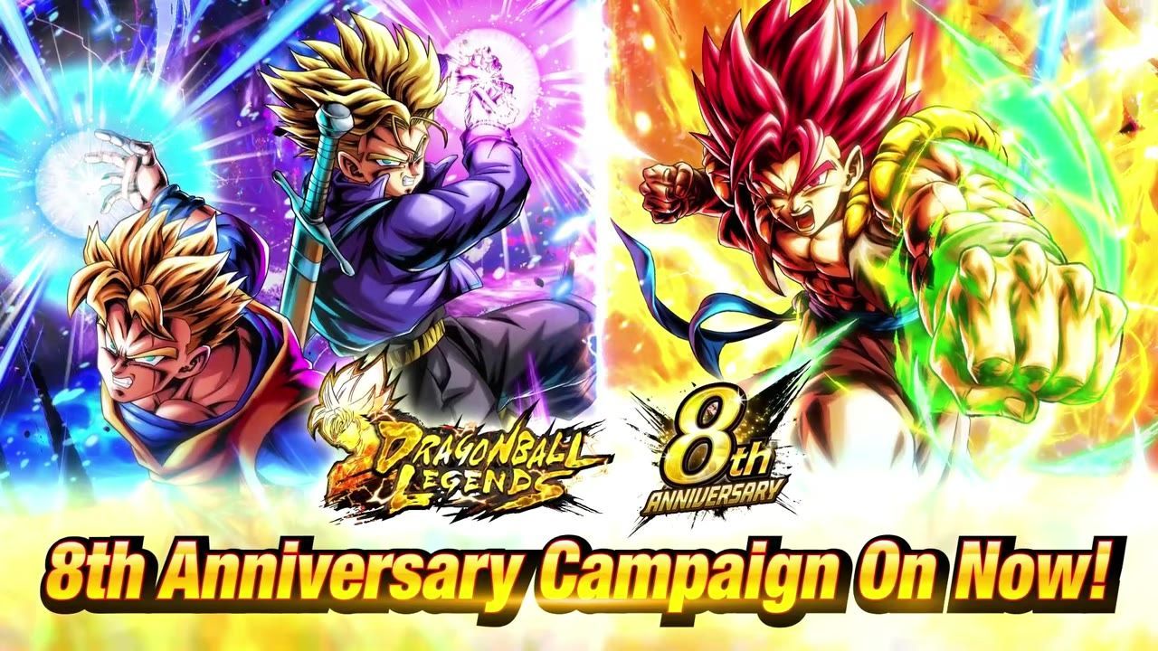 A colorful Dragon Ball Legends 8th Anniversary campaign banner shows multiple Super Saiyan characters and the text 8th Anniversary Campaign On Now.