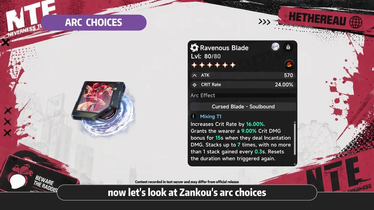 Game UI showing the Arc Choices screen with the Ravenous Blade arc card open and its attack and crit rate stats visible.
