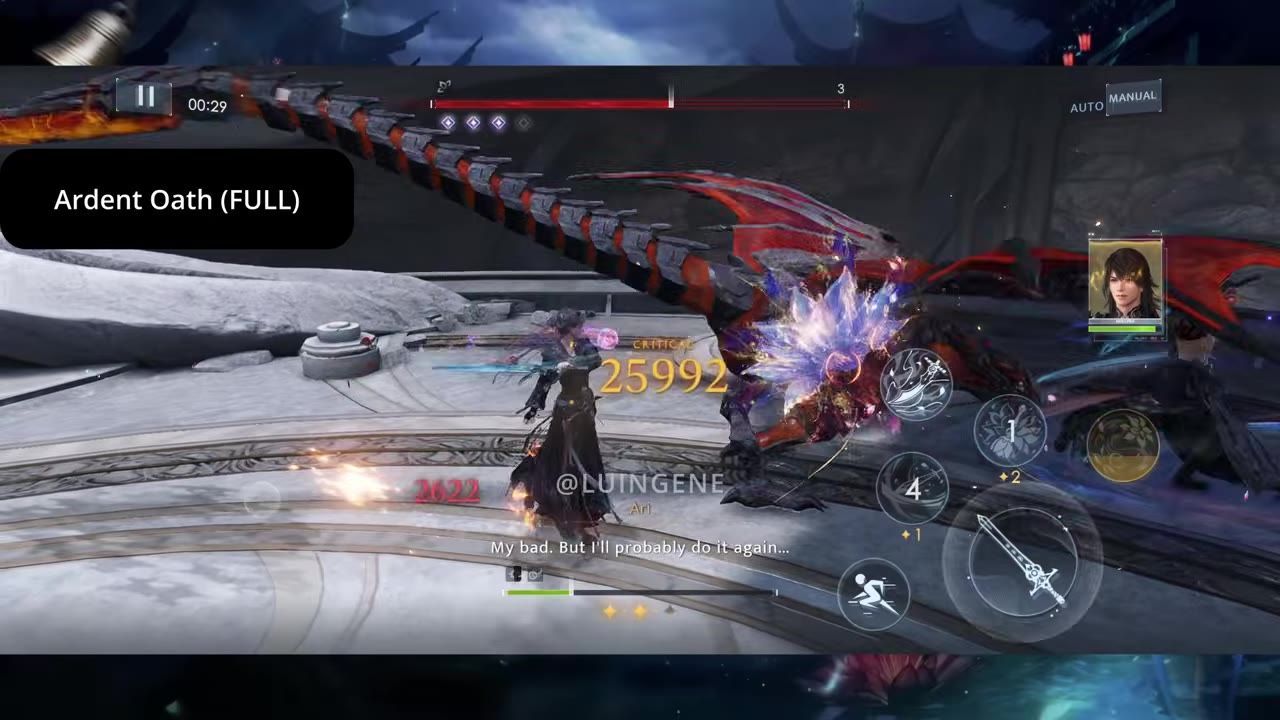 Combat scene showing active attack animation and character dealing critical damage.