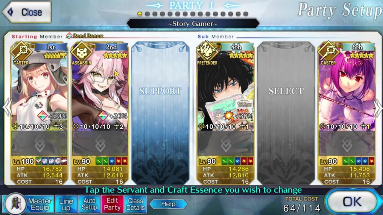 A party setup screen shows several servant cards in starting and sub member slots, with an Assassin in the second slot and empty support or select slots.
