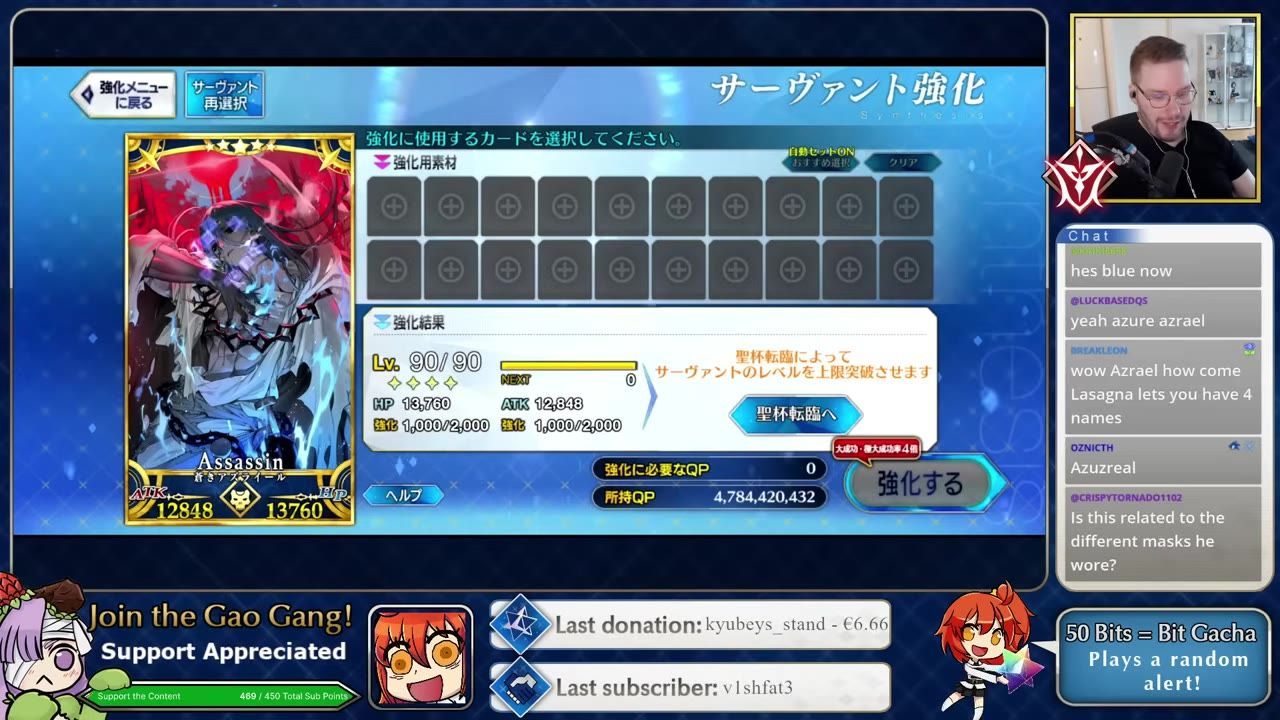 A game upgrade screen shows an Assassin card illustration on the left, a blue enhancement menu in the center, and a webcam and chat overlay on the right.