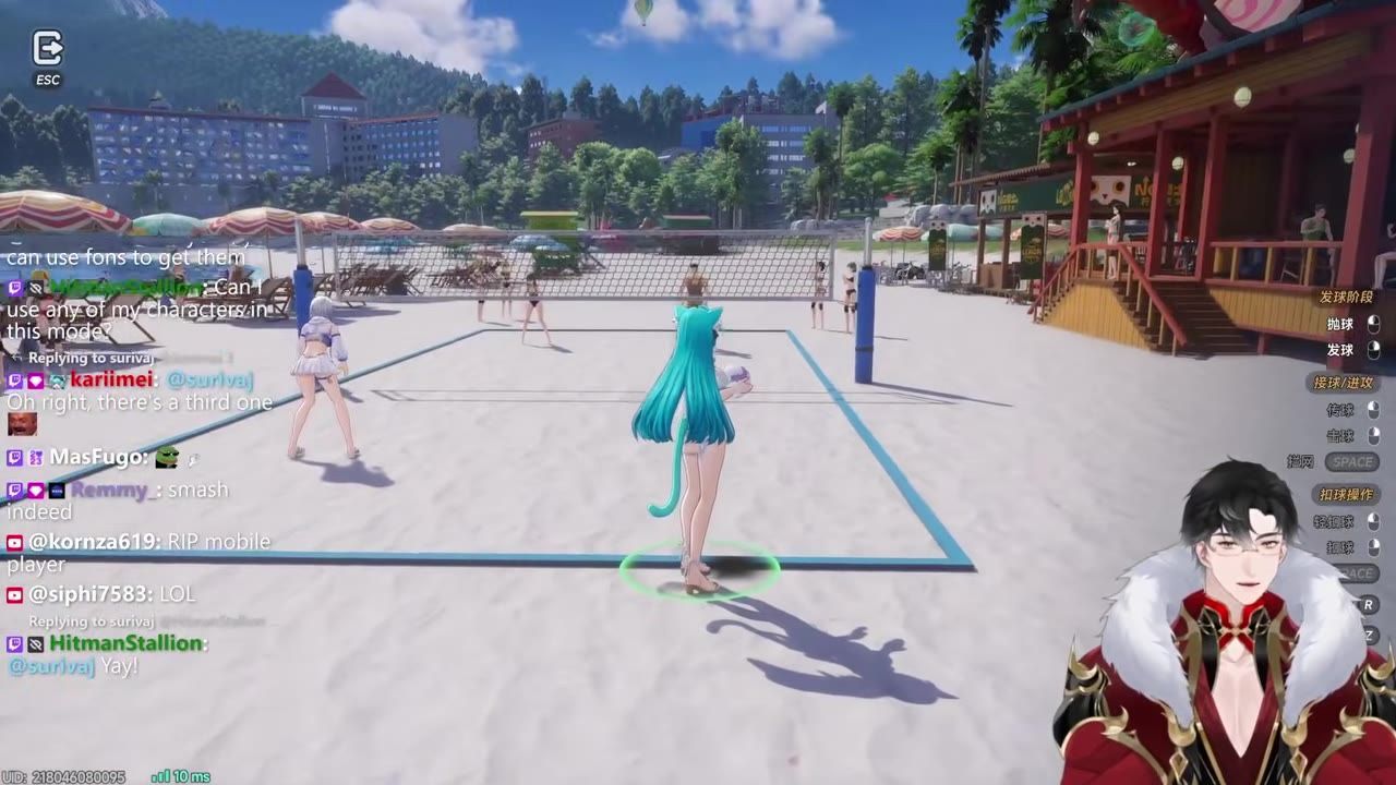 A third-person volleyball game view shows a character standing on a beach court with the ball visible near the right side, while on-screen chat and control prompts overlay the scene.