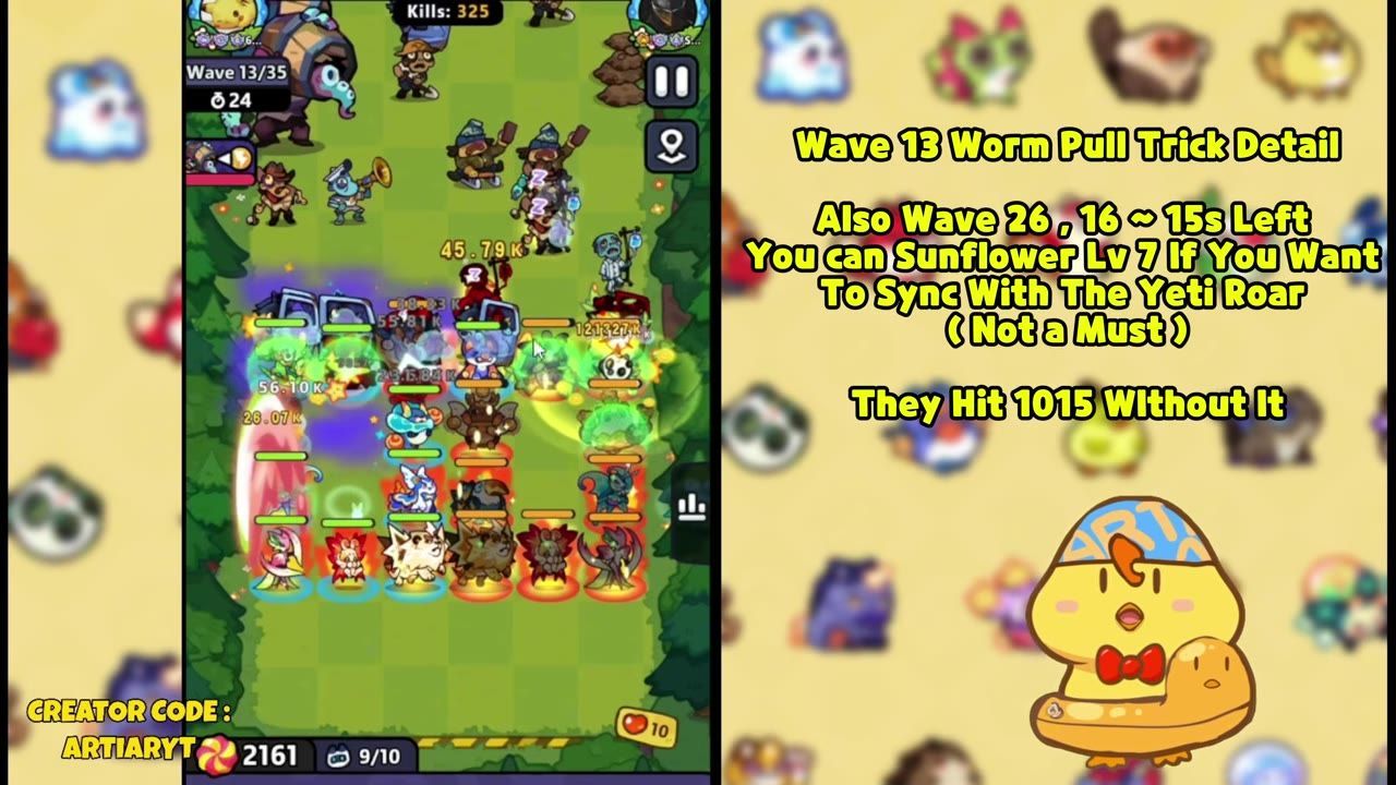 A tower defense battlefield shows a spread-out unit formation on a green grid with enemies and damage numbers on screen.