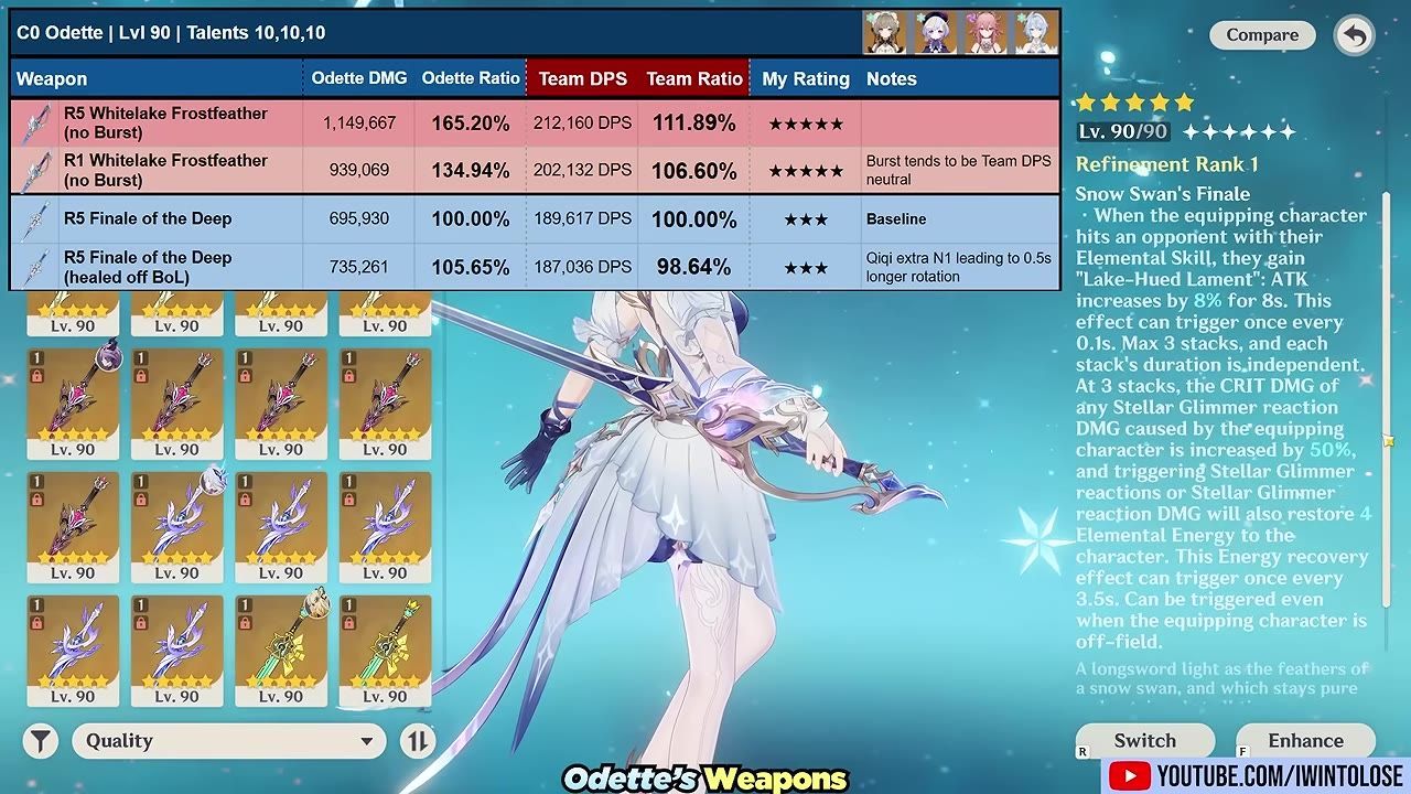 A weapon selection menu displaying various items including the White Lake Frost Feather with stats and refinement details.