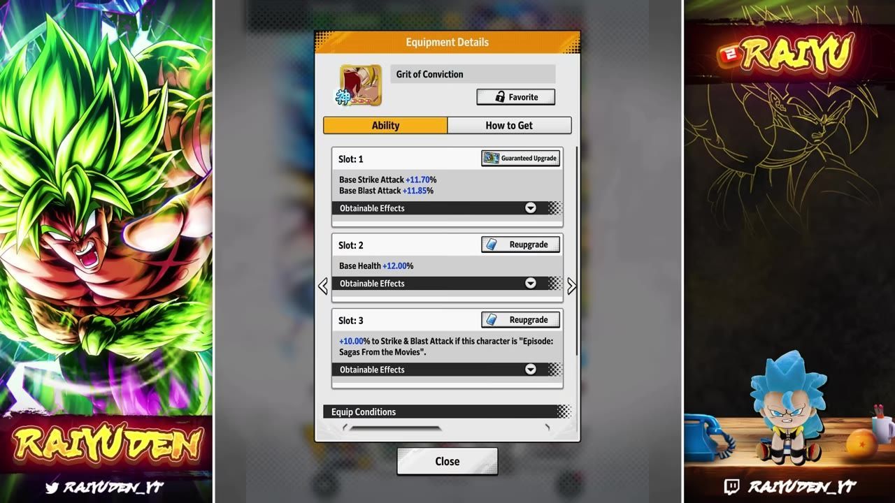 Game interface showing equipment details. It displays attributes for slots affecting Strike and Blast attack bonuses.