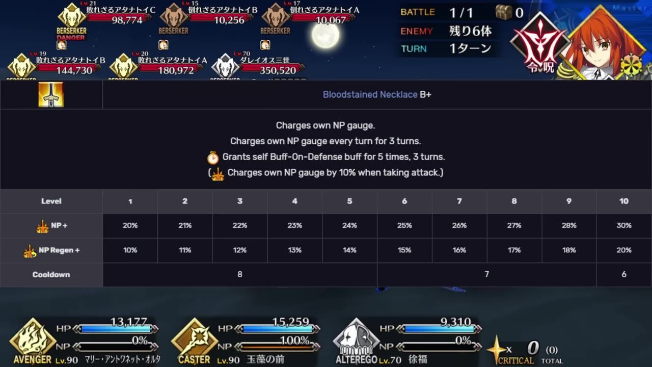 A game battle screen shows the Bloodstained Necklace B+ effect panel with skill details and a level table overlaid on the battlefield.