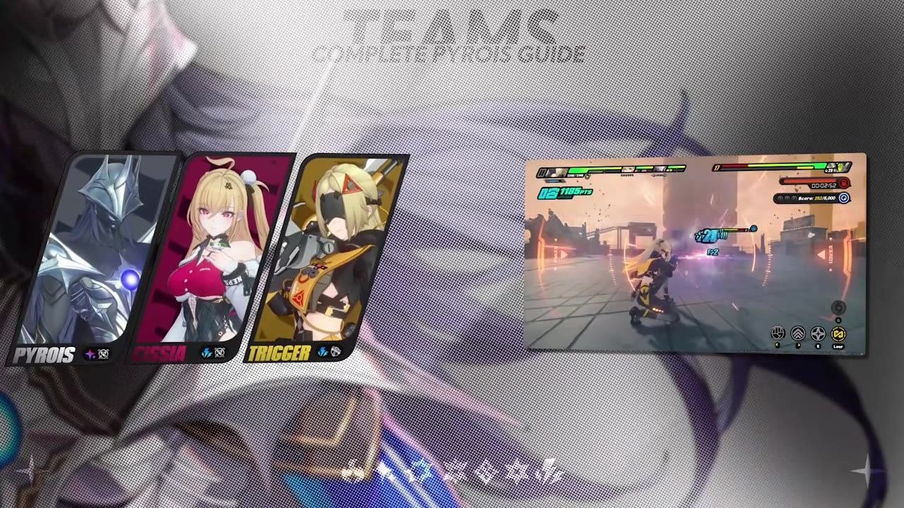 Screen showing characters Pyrois, Cassia, Trigger in the team composition view and adjacent game action.