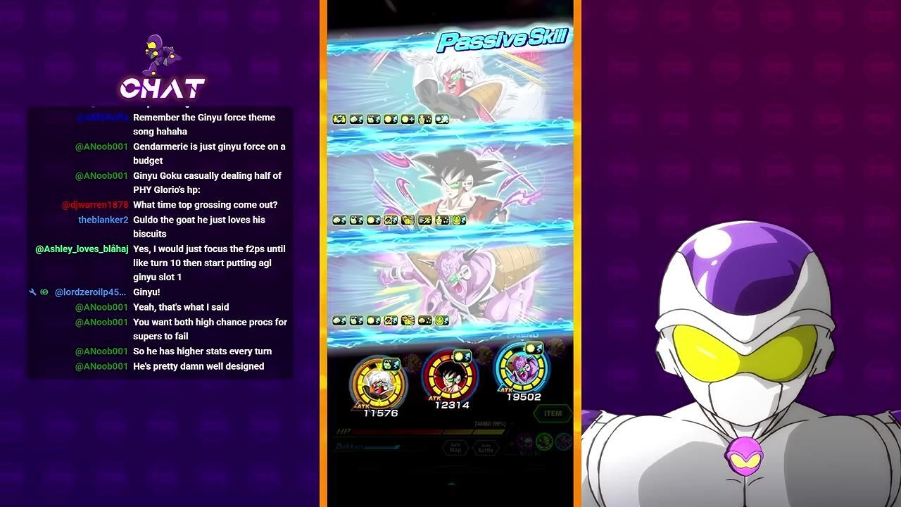 A mobile game team screen shows three character cards with stats and passive skill icons, with chat on the left and a large character illustration on the right.