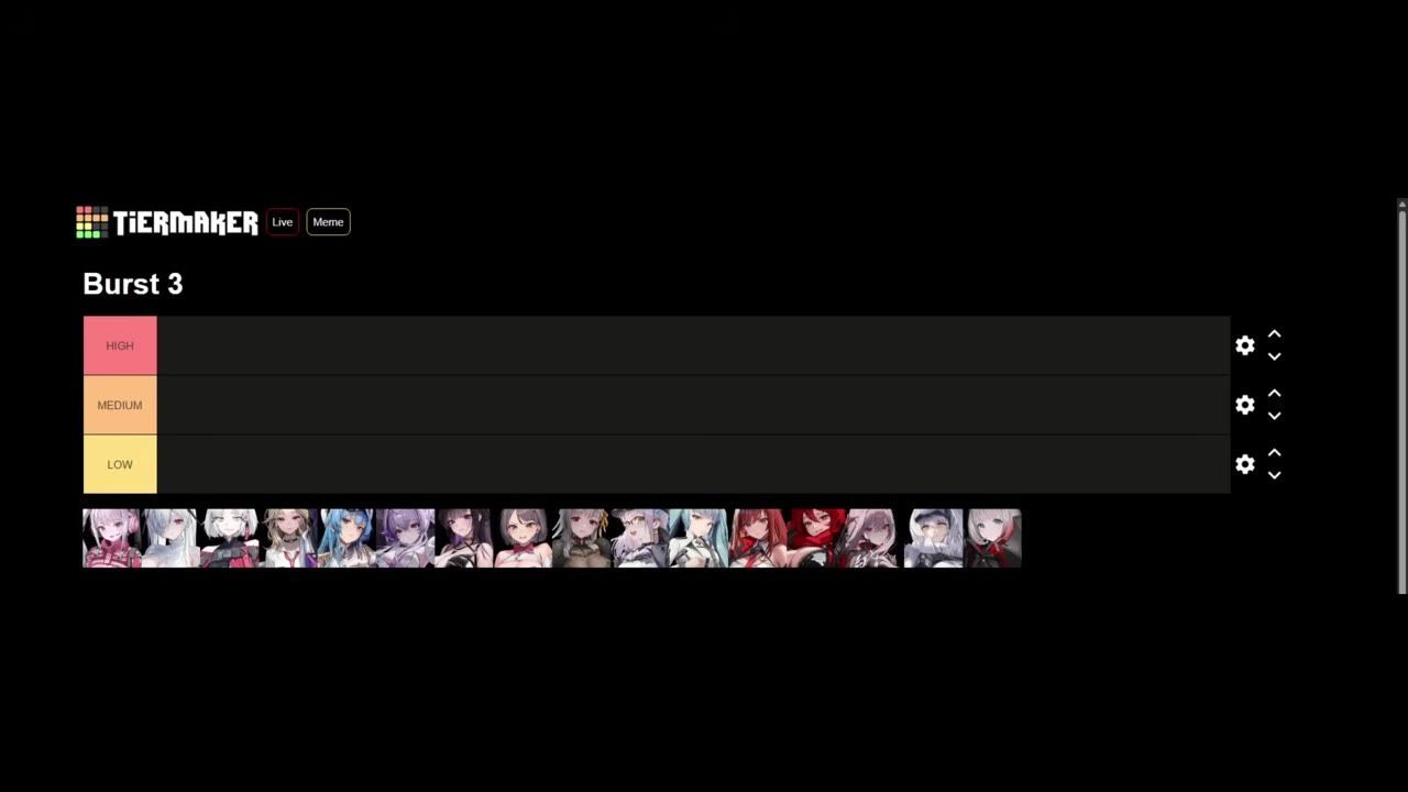 A TierMaker ranking slide titled Burst 3 shows empty HIGH, MEDIUM, and LOW tiers with a row of character portraits below.