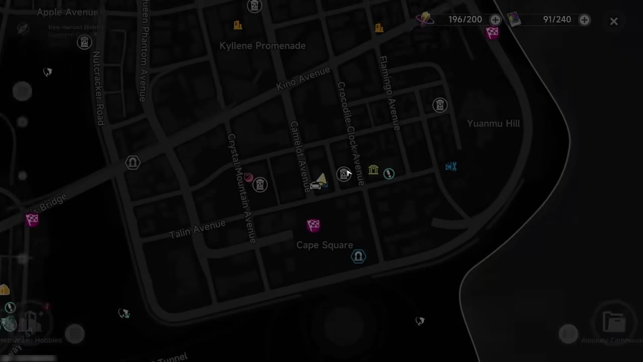 A dark city map is open with street names and icons, Hethereau Hobbies labeled near the lower left, and a city stamina counter at the top right reading 196/200.