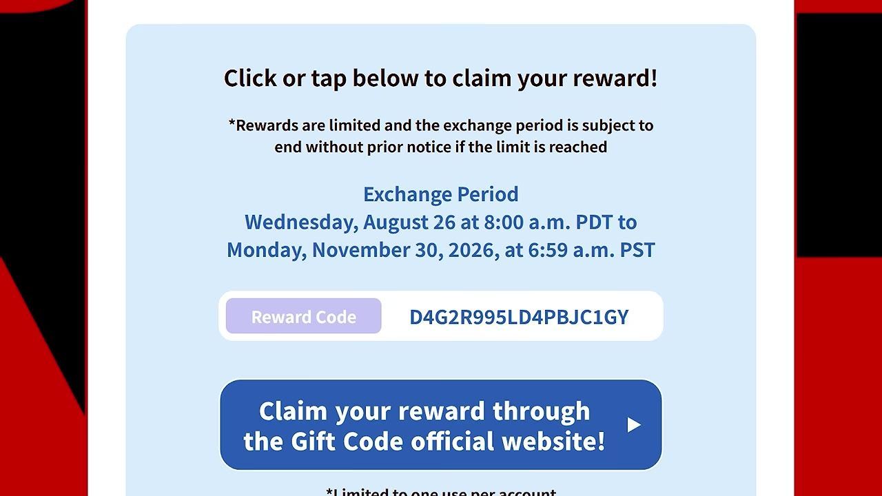 A redemption code for rewards is displayed, along with exchange details and claiming instructions.