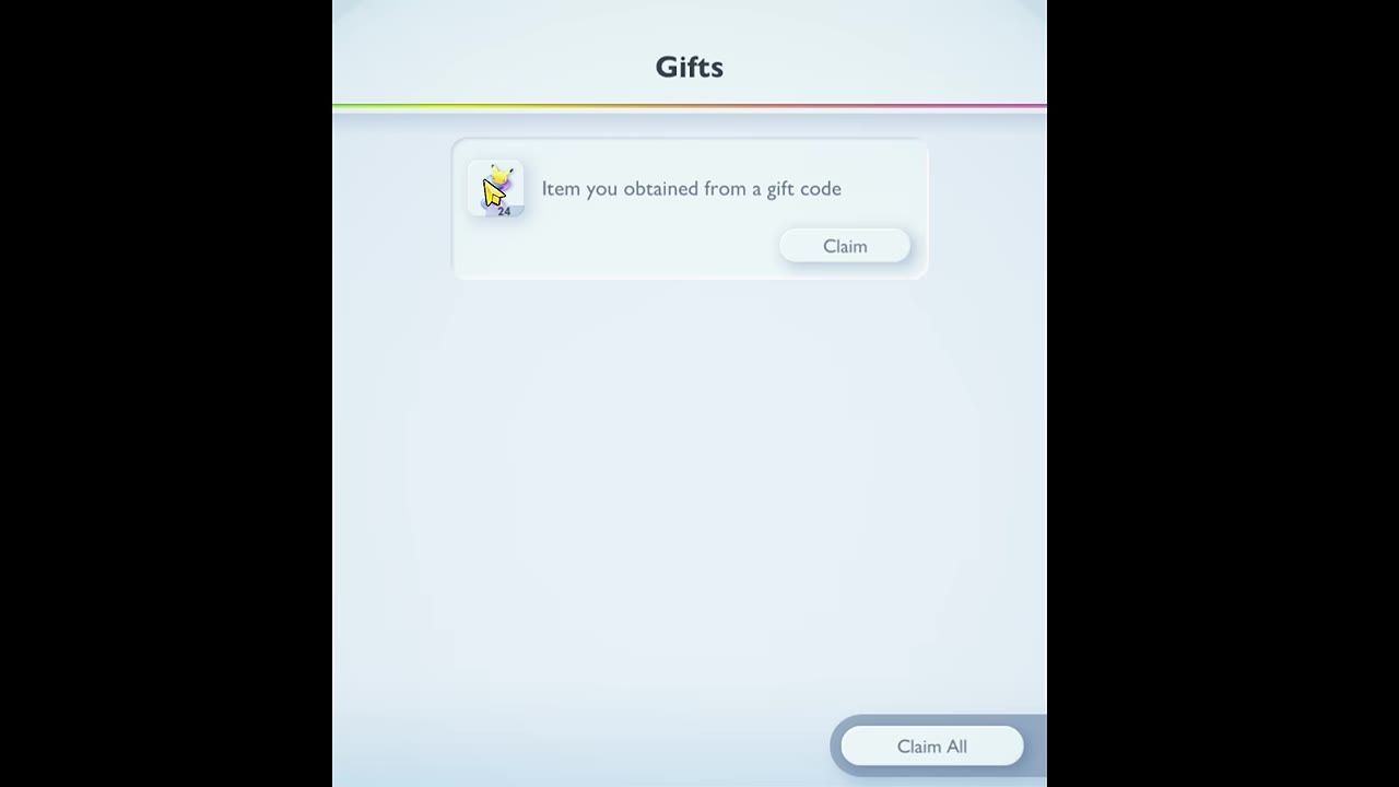 A game menu titled Gifts shows a reward entry labeled Item you obtained from a gift code with Claim and Claim All buttons.