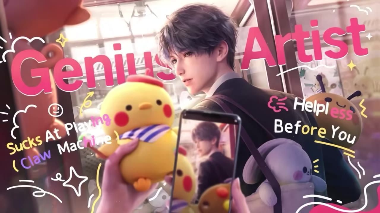 A hand holds a yellow plush toy in front of a claw machine scene, with a phone showing the same person and large colorful text overlays.