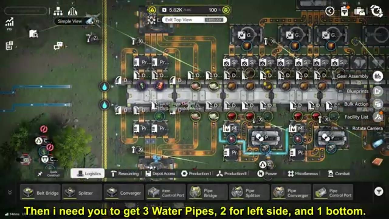 A factory-building layout is shown with three blue water pipes running in from the left toward a central production area with pump placement markers and pipe routing.