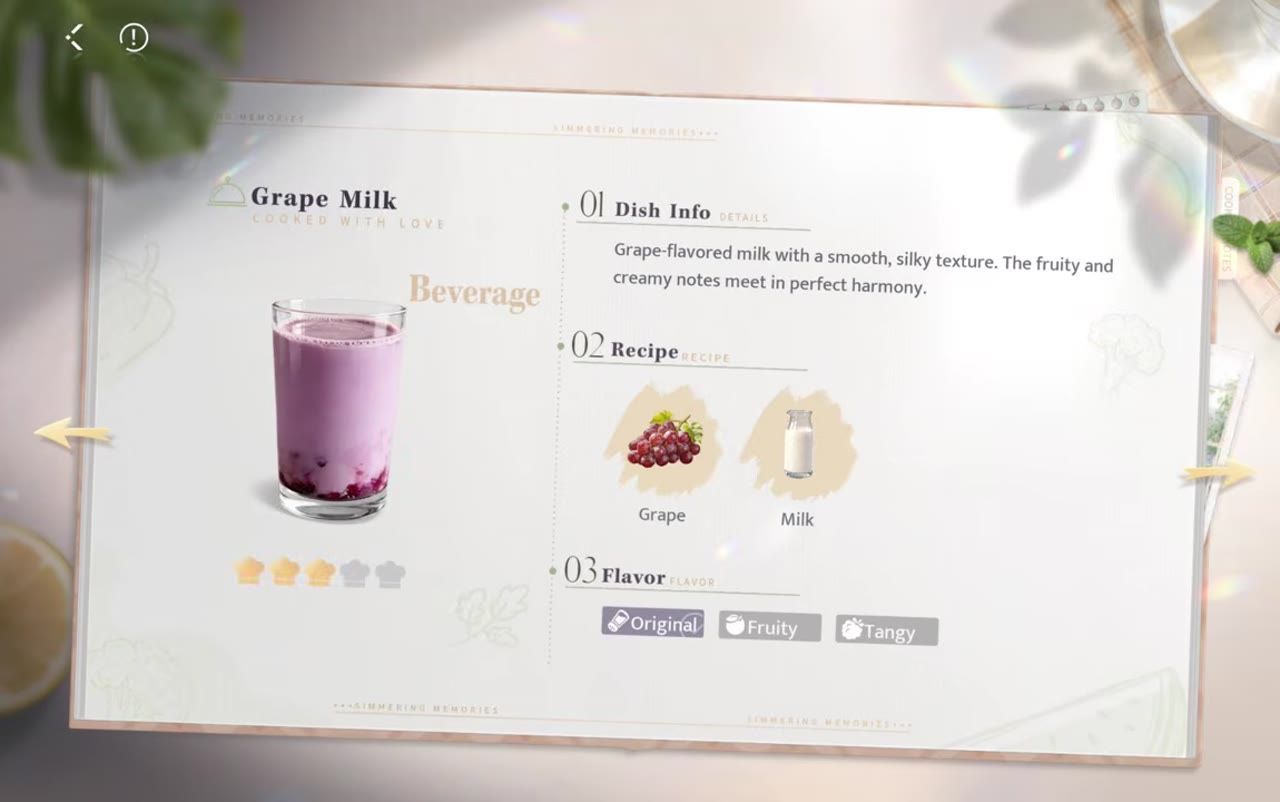 A recipe page for grape milk is open, showing a drink image, dish info, ingredients, and flavor options.