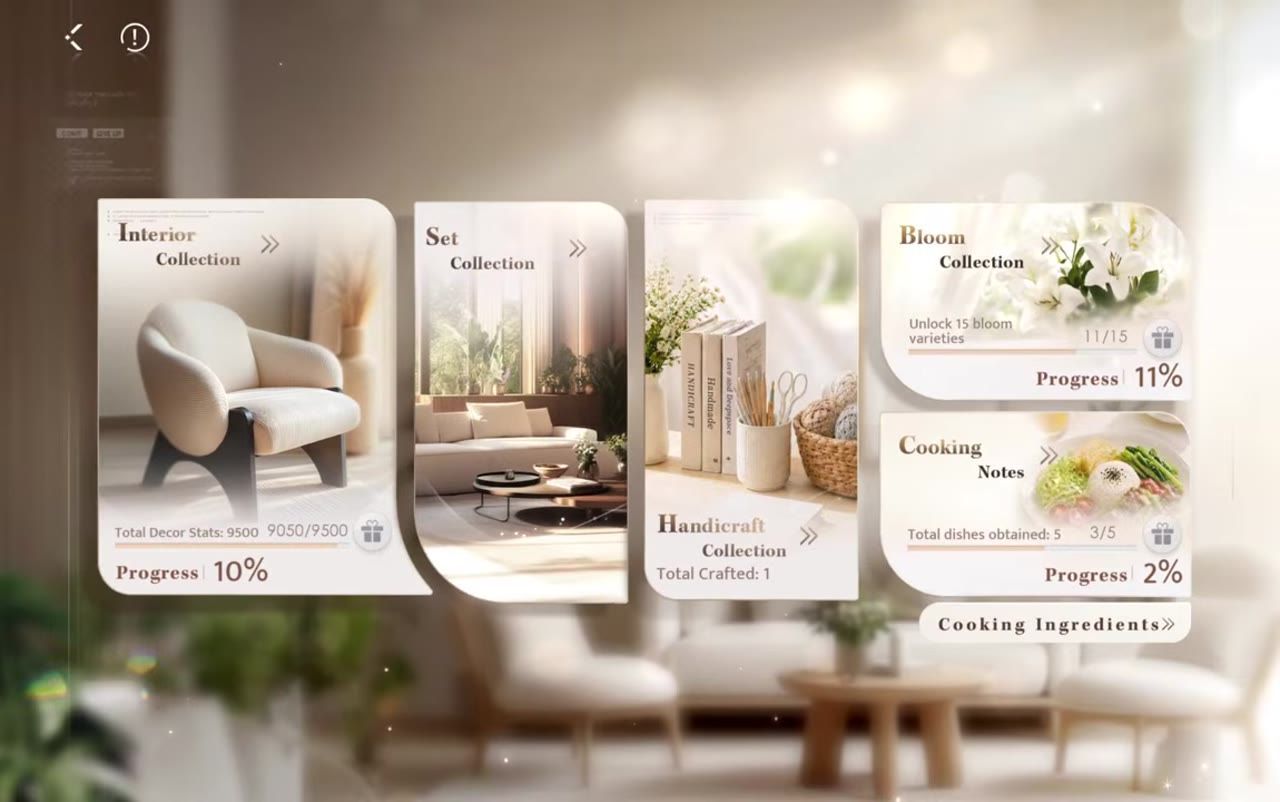 A game collection menu shows several category cards, including Cooking Notes and a Cooking Ingredients button along the bottom right.