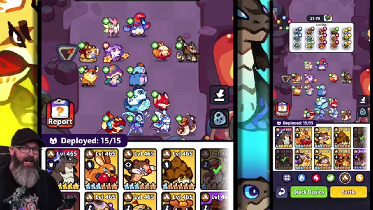 A game battle setup screen shows a deployed team formation above a roster grid, with a Battle button at the bottom right.