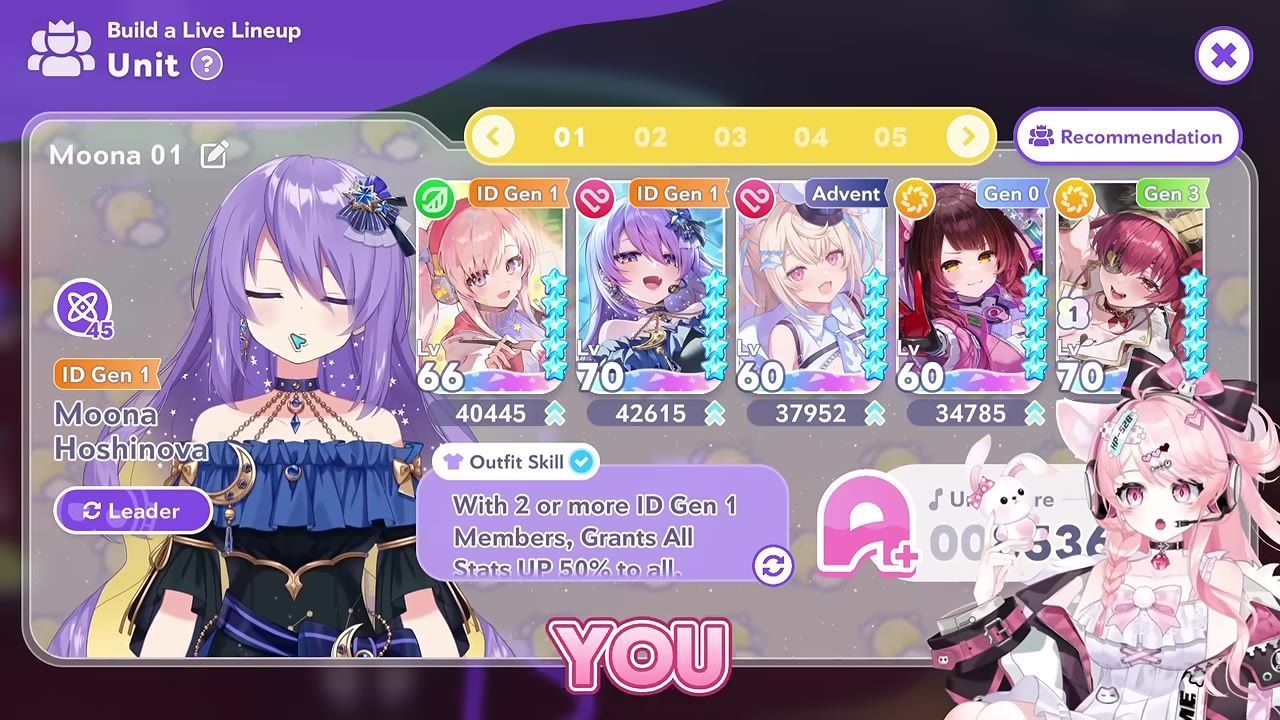 A game screen showing a lineup of characters with synergy indicators and associated stats.