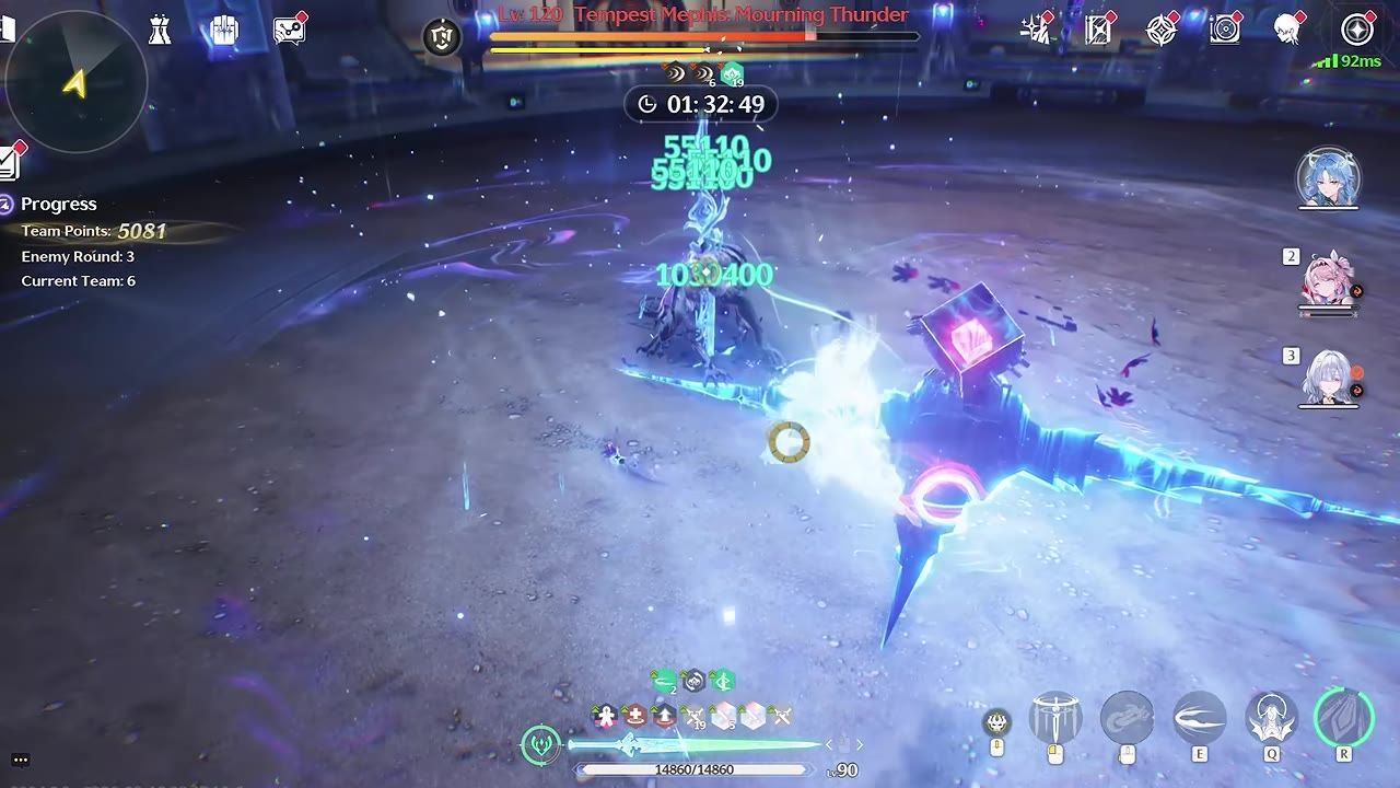 A battle scenario featuring character abilities and indicators in action.