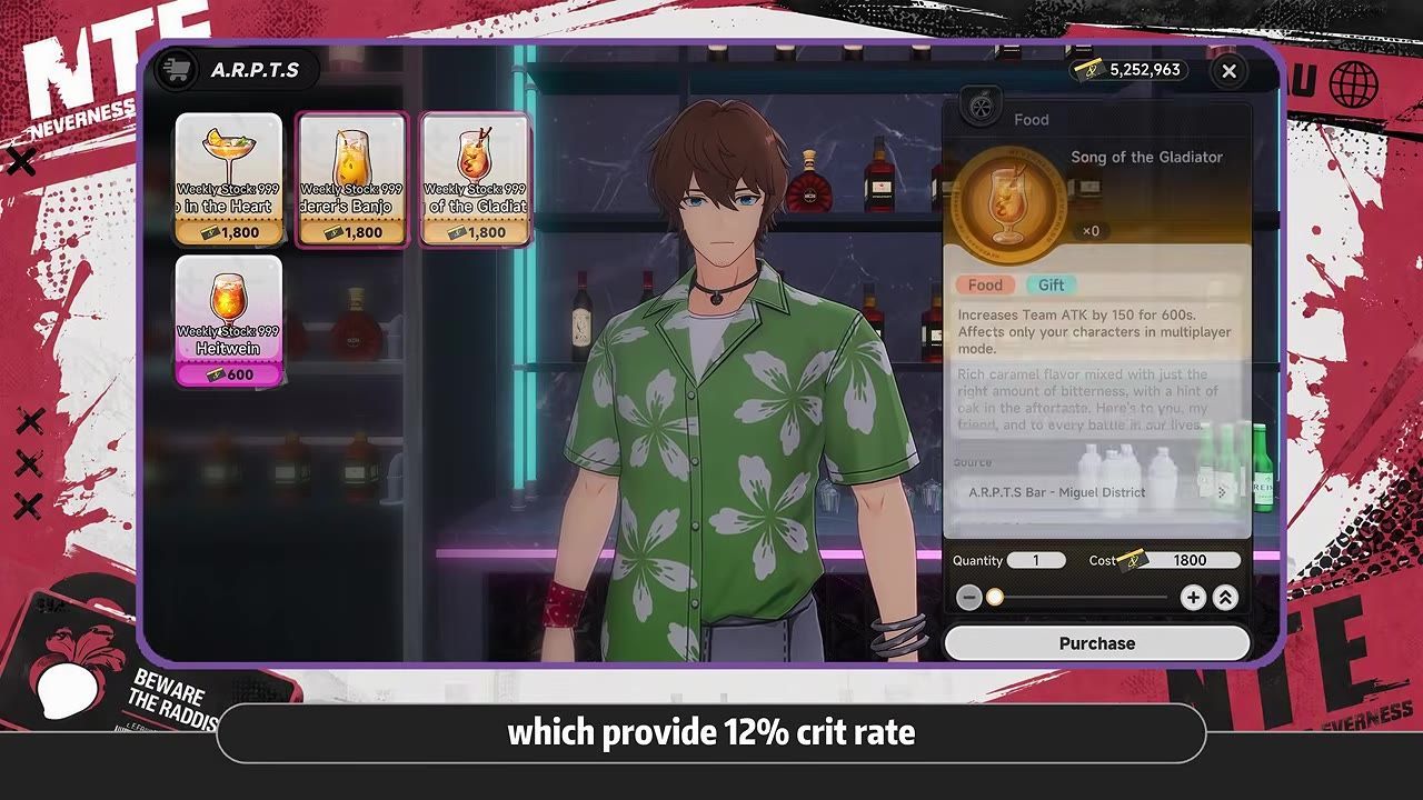 Game menu with consumables offering damage buffs visible.