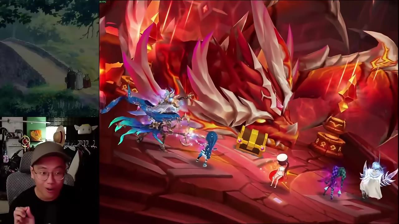 A game scene shows several small characters standing before a giant red dragon-like boss while a webcam of a person appears on the left side.