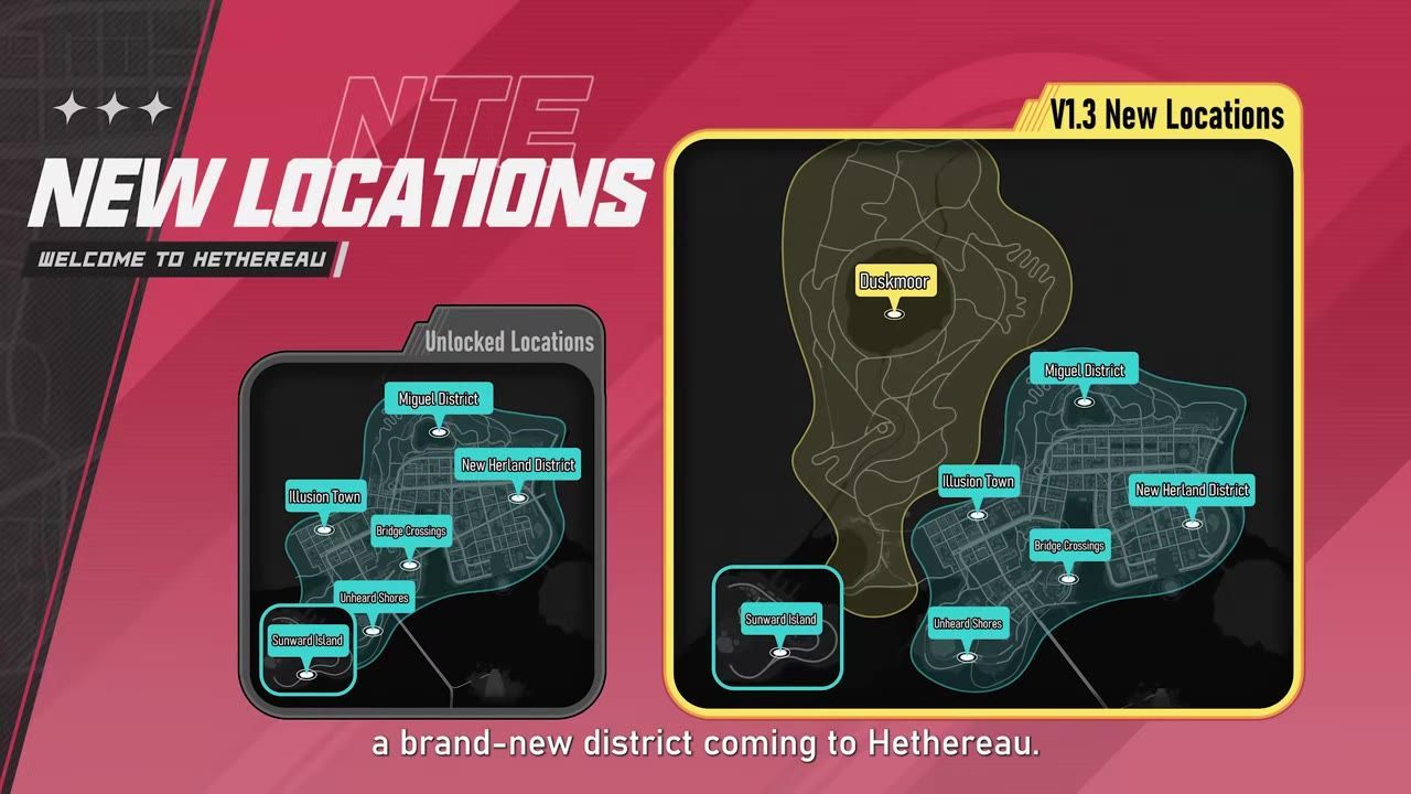 A game announcement screen shows a map of new locations with Duskmoor highlighted near the top center and roads visible across the districts.