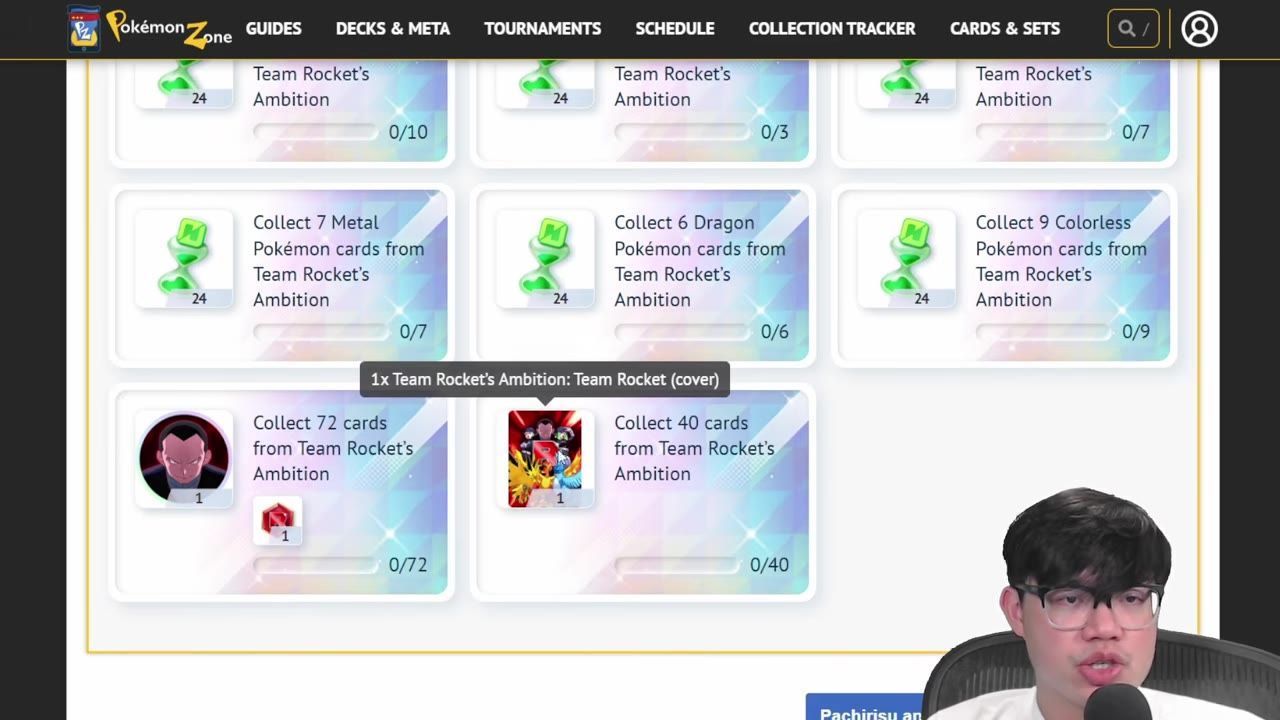 A mission list for Team Rocket’s Ambition is shown with several collection tasks, a Giovanni icon, and reward icons.