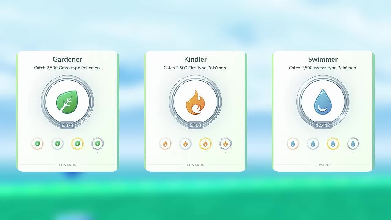 Medals featuring Grass, Fire, and Water Pokémon goals with respective counts displayed.