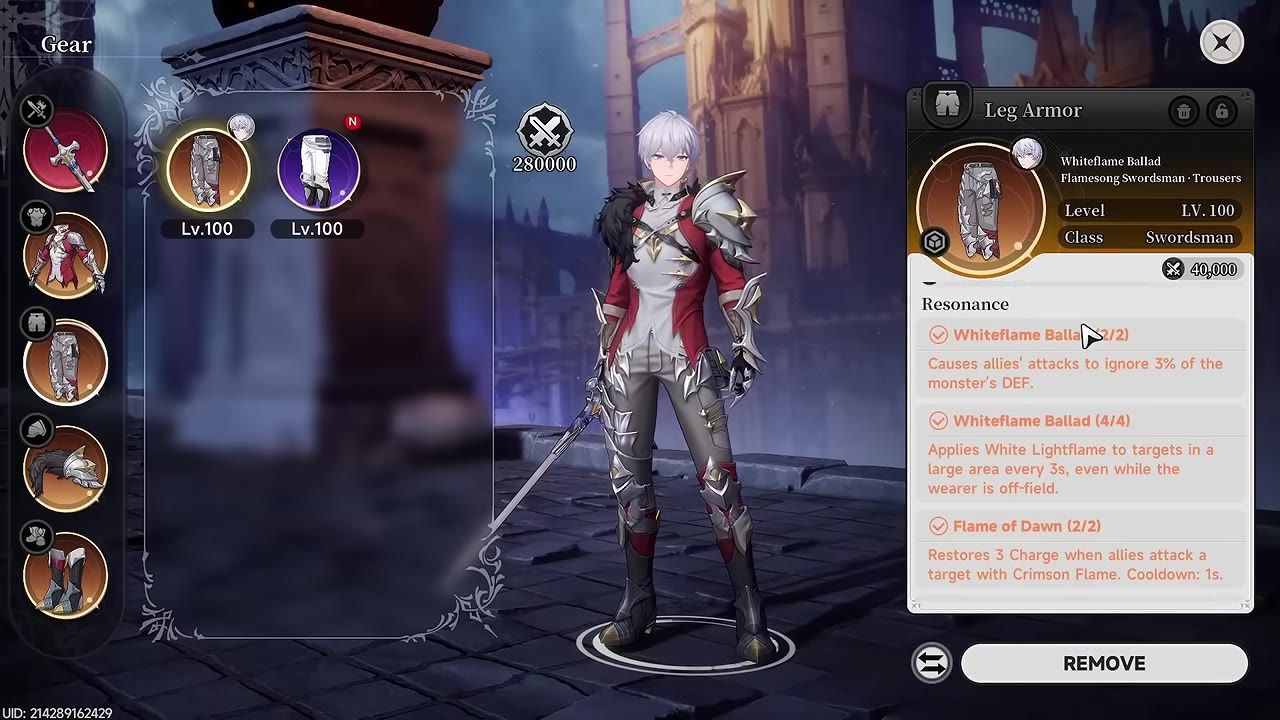 An equipment gear screen shows equipped armor pieces on the left, a character model in the center, and a resonance details panel on the right with set bonuses.