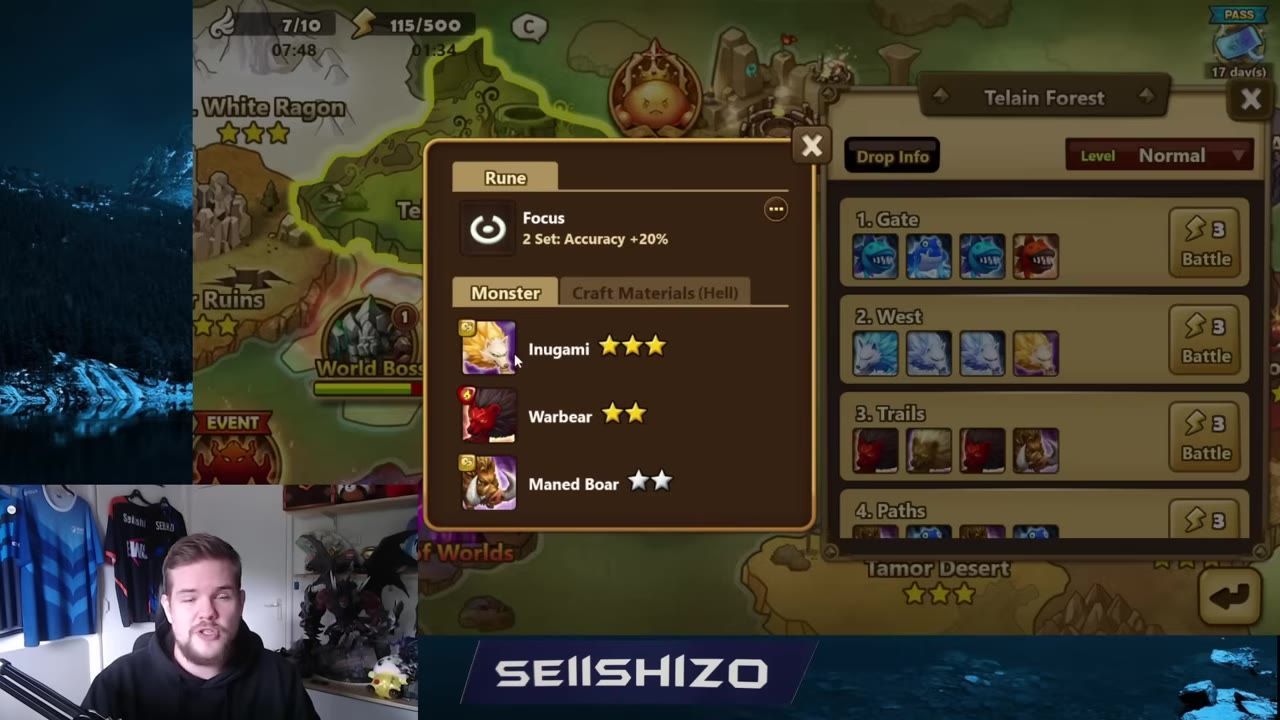 The game map and stage list are open with a Telain Forest panel on the right and a rune info window in the center.