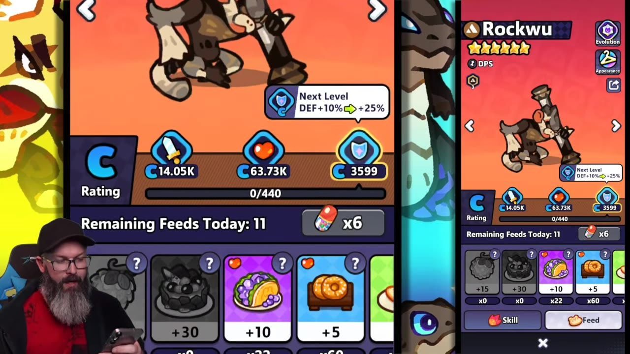 Feeding screen showing resources available, their effects, and the character's stats and next level.