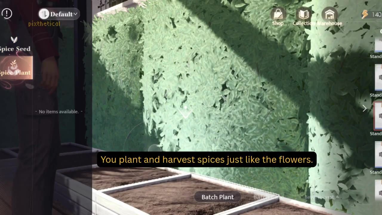 A game interface shows spice seed and spice plant options on the left, a batch plant button near the bottom, and tall leafy spice plants in the center.