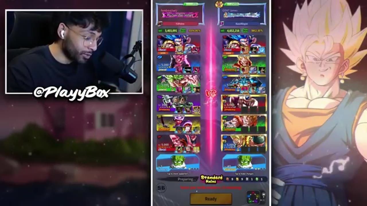 A game team selection screen shows two columns of character squads with a VS divider, alongside a streamer webcam overlay on the left and a Super Saiyan character illustration on the right.