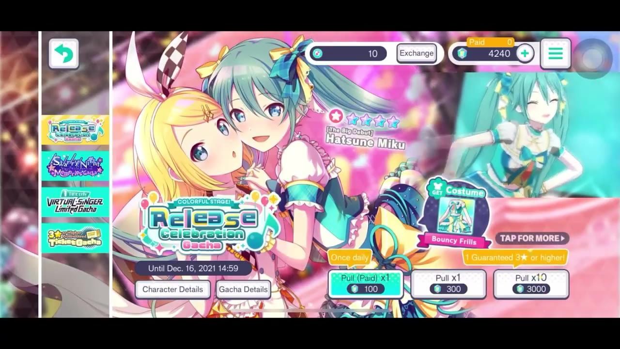 A colorful gacha banner screen shows Hatsune Miku artwork, pull buttons for single and ten-pulls, and buttons for character and gacha details.