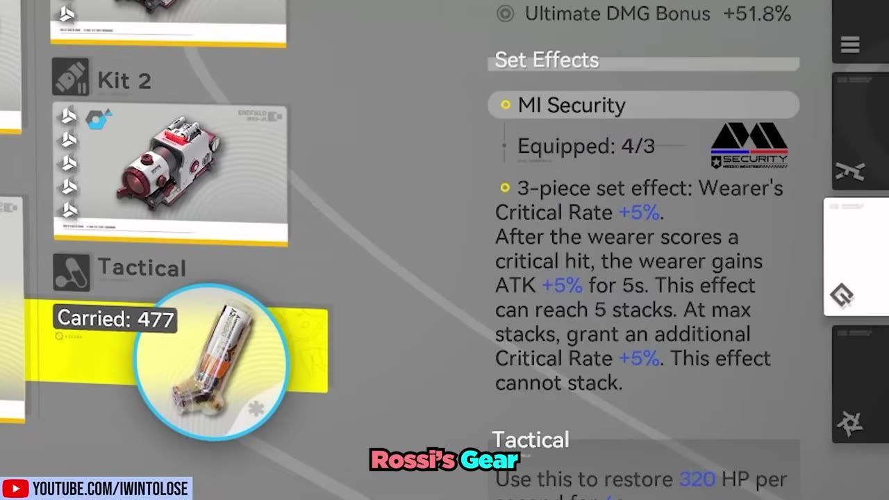 A game gear menu shows the MI Security set effects panel with equipped count and bonus descriptions, alongside gear item icons on the left.