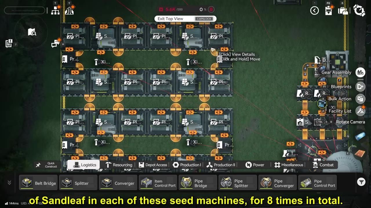 An in-game view showing rows of seed machines with resource stacks in JV Sub-AIC area.