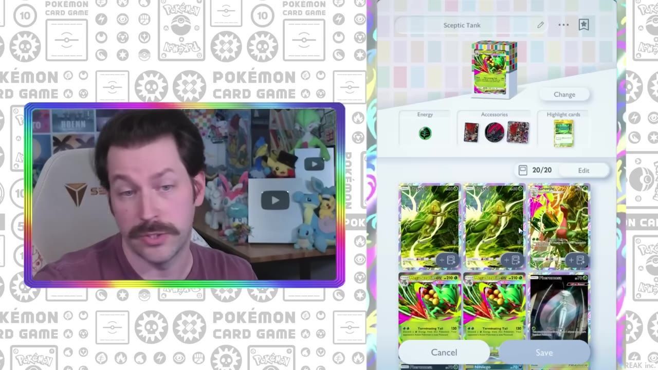 A Pokémon Card Game deck editor is open with a Grass deck named Septic Tank, showing a 20/20 list that includes Mega Sceptile cards, Grovyle, and other supporting cards.